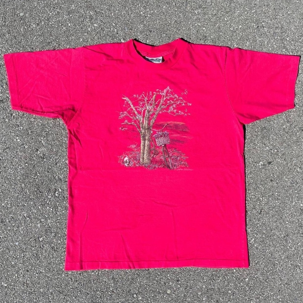 Vtg 90s Northern Reflections Cherry Blossom Bicycle Tee 21x27 Cottagecore